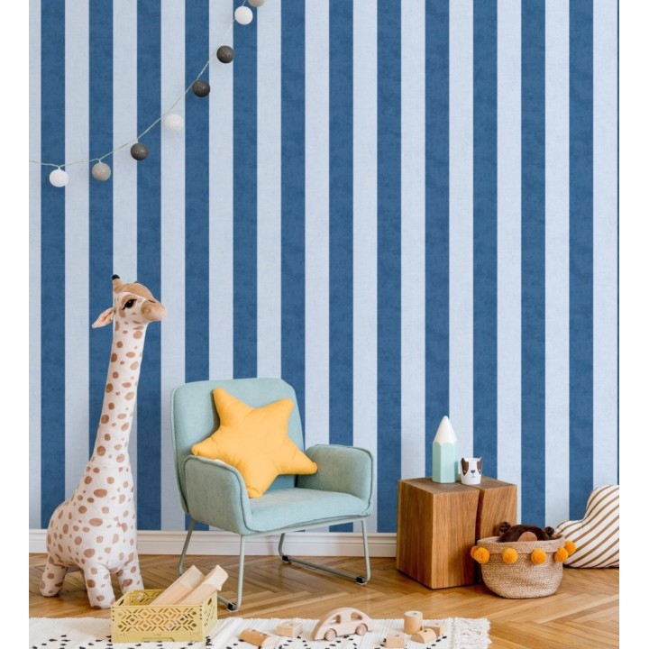 Papel pintado rayas lino desgastado bebé suave en tonos de azul - Strype Cloudy 684846