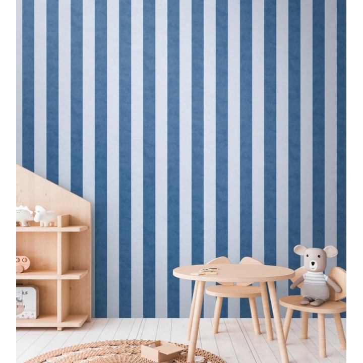 Papel pintado rayas lino desgastado bebé suave en tonos de azul - Strype Cloudy 684846