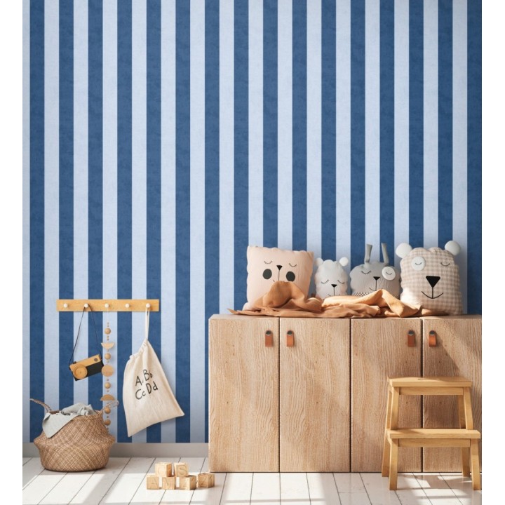 Papel pintado rayas lino desgastado bebé suave en tonos de azul - Strype Cloudy 684846