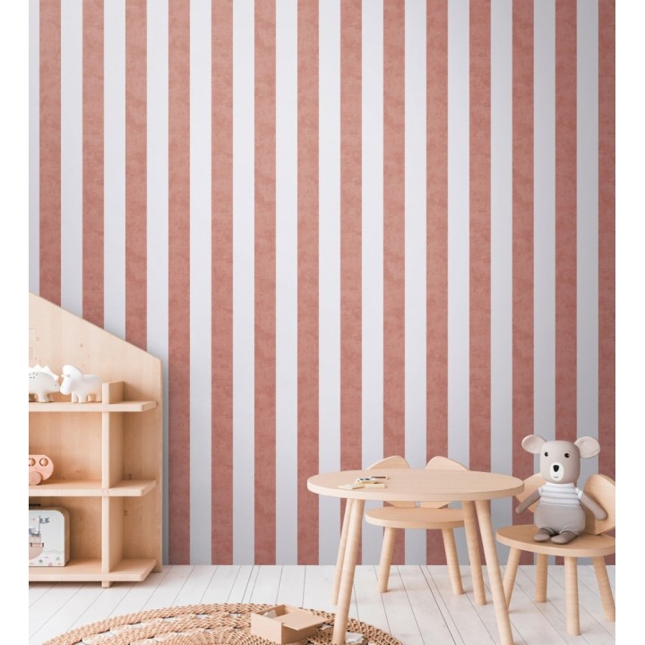 Papel pintado rayas lino desgastado bebé suave en color terracota - Strype Cloudy 684847