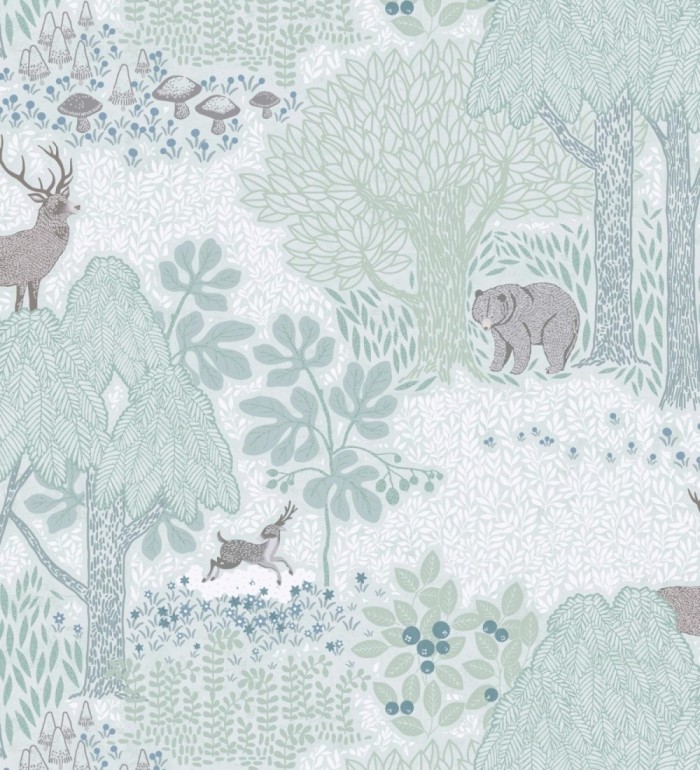 Papel pintado bosque con osos y ciervos infantil verde menta - Bambi Bear 684853