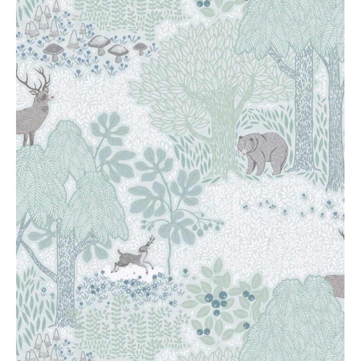Papel pintado bosque con osos y ciervos infantil verde menta - Bambi Bear 684853