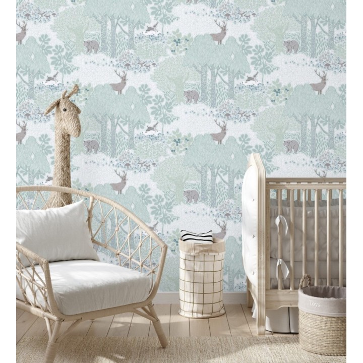 Papel pintado bosque con osos y ciervos infantil verde menta - Bambi Bear 684853