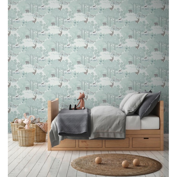 Papel pintado bosque con osos y ciervos infantil verde menta - Bambi Bear 684853
