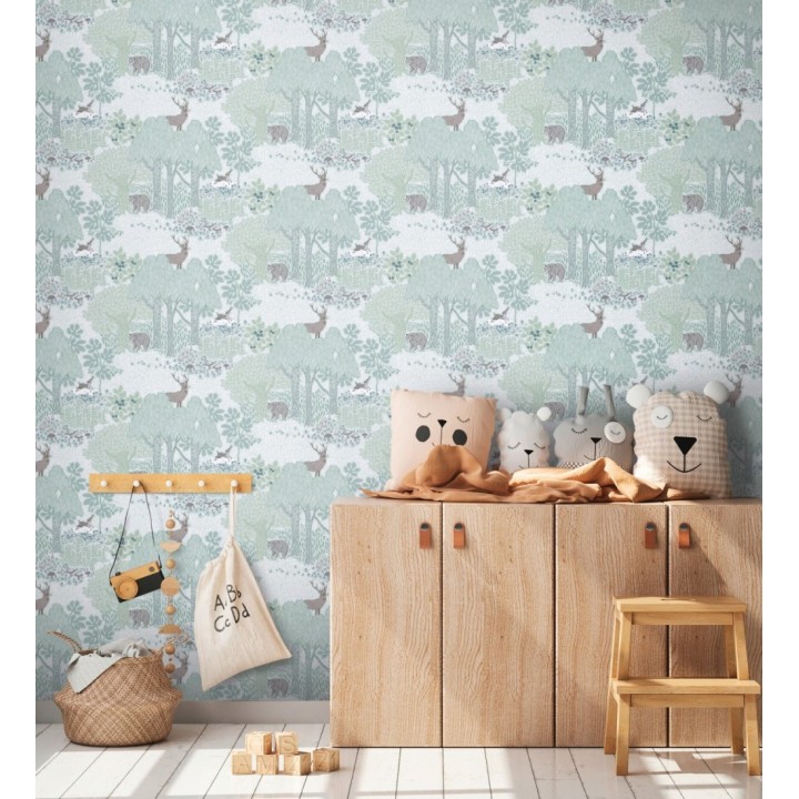 Papel pintado bosque con osos y ciervos infantil verde menta - Bambi Bear 684853