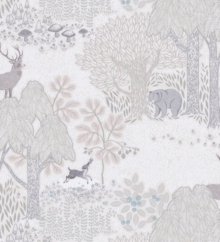 Papel pintado bosque con osos y ciervos infantil gris y beige - Bambi Bear 684854