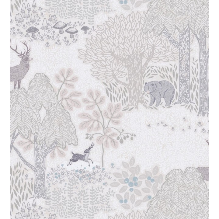 Papel pintado bosque con osos y ciervos infantil gris y beige - Bambi Bear 684854