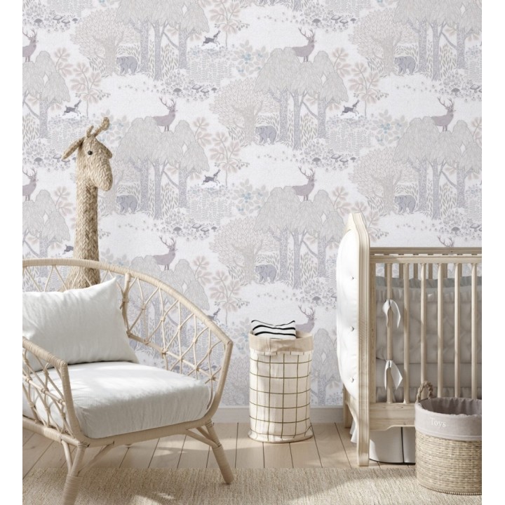 Papel pintado bosque con osos y ciervos infantil gris y beige - Bambi Bear 684854