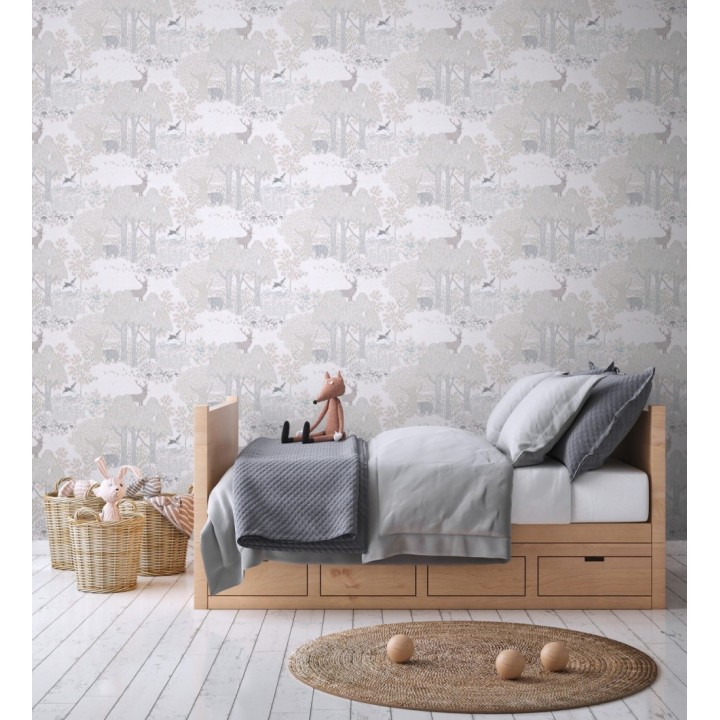 Papel pintado bosque con osos y ciervos infantil gris y beige - Bambi Bear 684854
