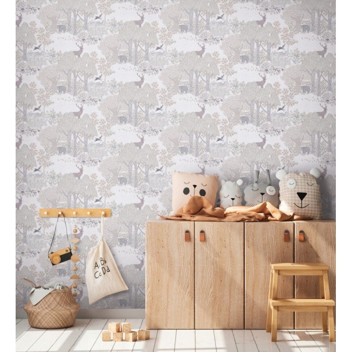 Papel pintado bosque con osos y ciervos infantil gris y beige - Bambi Bear 684854
