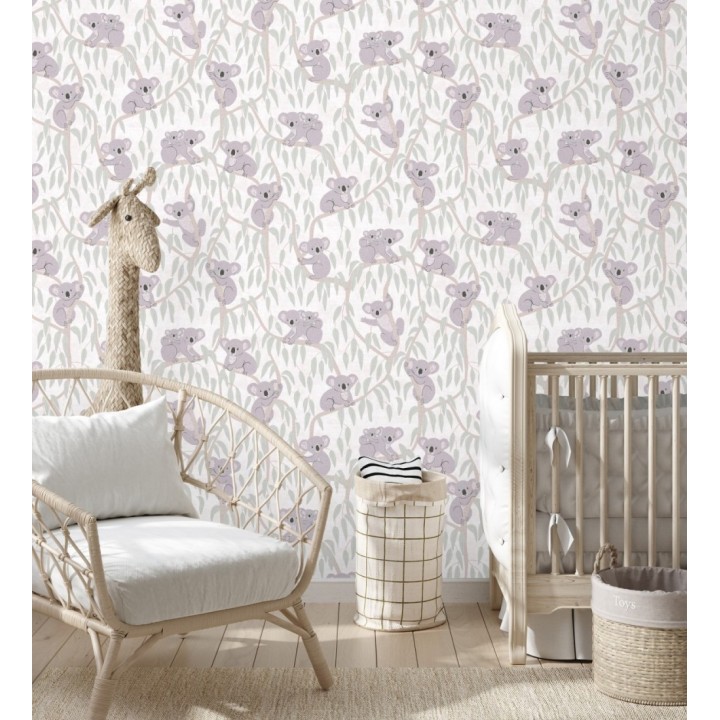 Papel pintado koalas y eucalipto tierno pastel fondo blanco y crema - Teddy Calm 684855