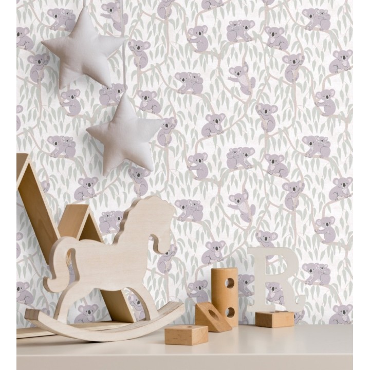 Papel pintado koalas y eucalipto tierno pastel fondo blanco y crema - Teddy Calm 684855