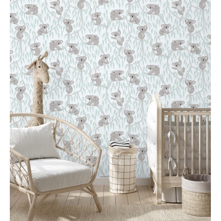 Papel pintado koalas y eucalipto tierno pastel fondo verde claro - Teddy Calm 684856
