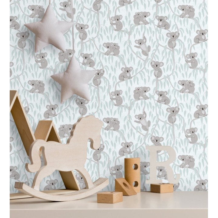 Papel pintado koalas y eucalipto tierno pastel fondo verde claro - Teddy Calm 684856