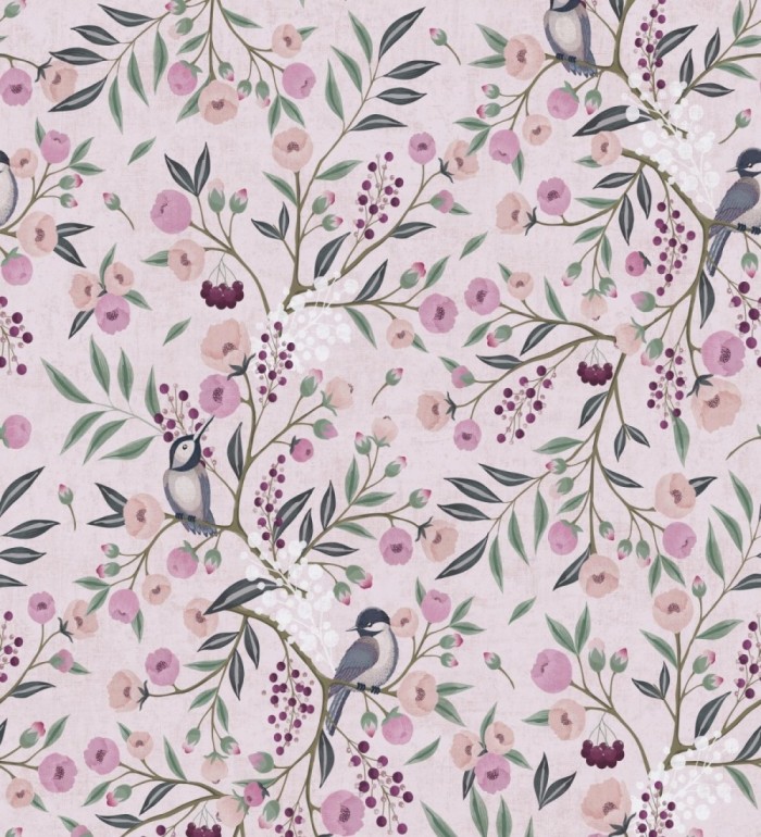 Papel pintado de pájaros y flores tonos rosa malva estilo romántico - Daisy Cheerful 684858