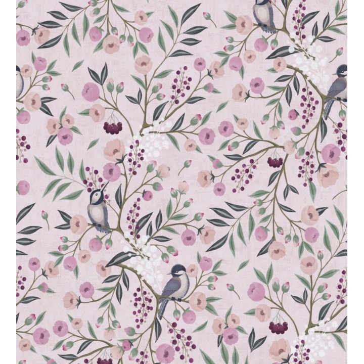 Papel pintado de pájaros y flores tonos rosa malva estilo romántico - Daisy Cheerful 684858
