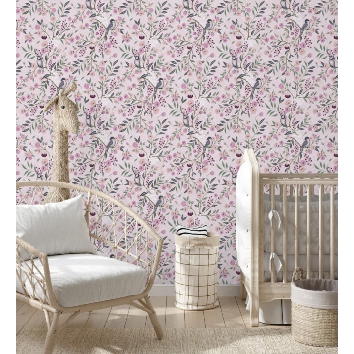 Papel pintado de pájaros y flores tonos rosa malva estilo romántico - Daisy Cheerful 684858