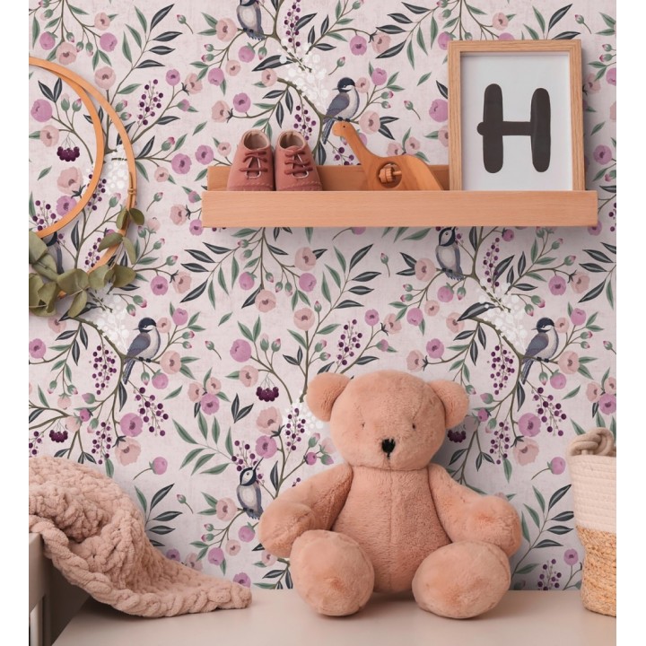 Papel pintado de pájaros y flores tonos rosa malva estilo romántico - Daisy Cheerful 684858