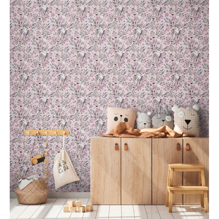 Papel pintado de pájaros y flores tonos rosa malva estilo romántico - Daisy Cheerful 684858
