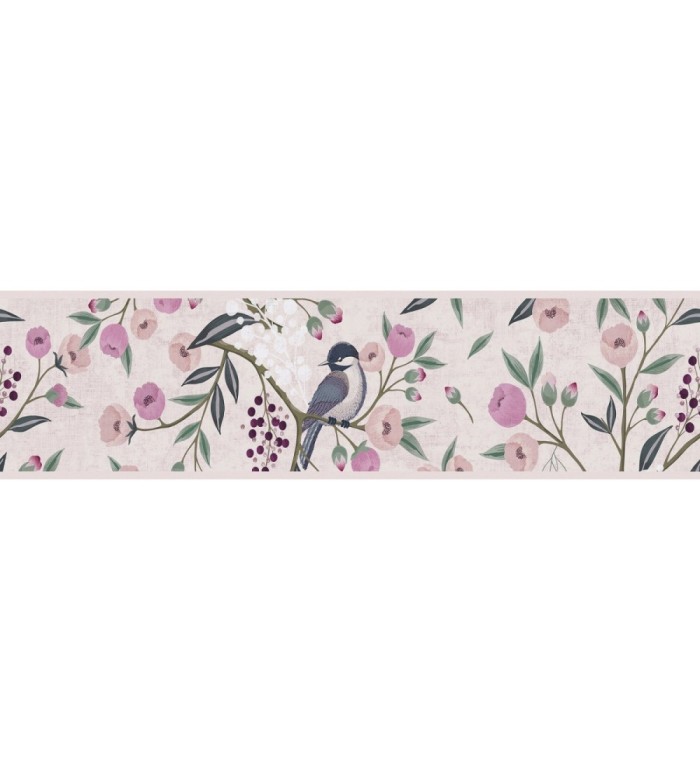 Cenefa de papel pintado de pájaros y flores tonos rosa malva - Daisy Cheerful 684859