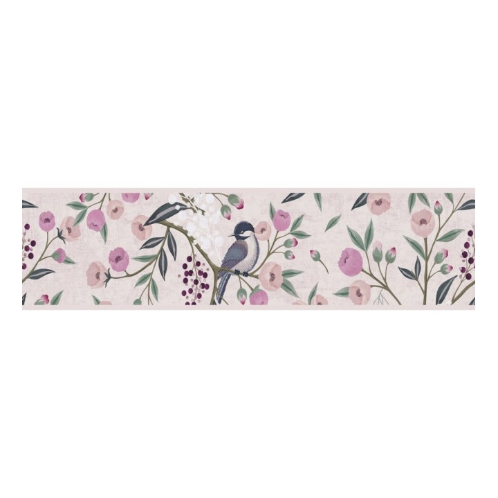 Cenefa de papel pintado de pájaros y flores tonos rosa malva - Daisy Cheerful 684859