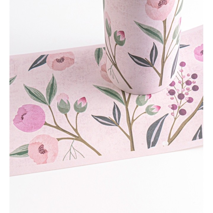 Cenefa de papel pintado de pájaros y flores tonos rosa malva - Daisy Cheerful 684859