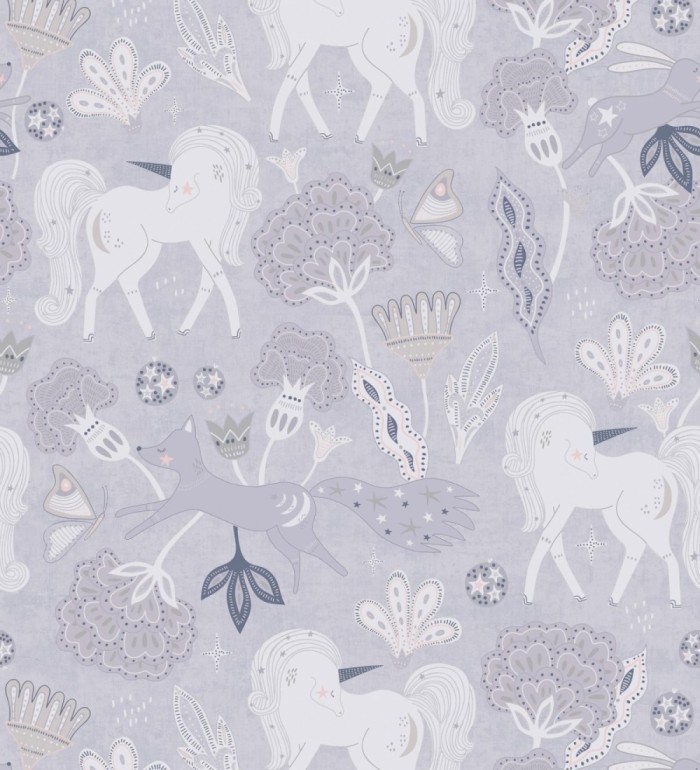 Papel pintado jardín de unicornios y zorros mágicos color gris lavanda - Foxy Magical 684860
