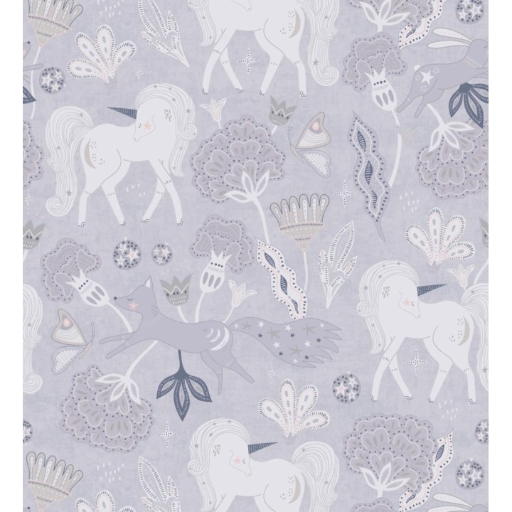Papel pintado jardín de unicornios y zorros mágicos color gris lavanda - Foxy Magical 684860