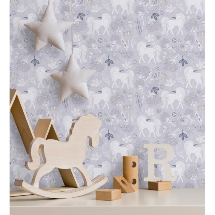 Papel pintado jardín de unicornios y zorros mágicos color gris lavanda - Foxy Magical 684860