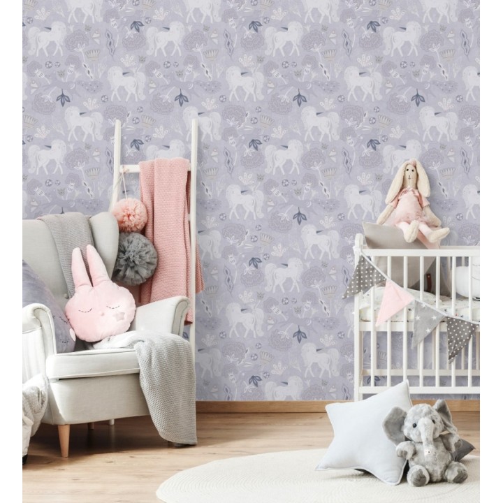 Papel pintado jardín de unicornios y zorros mágicos color gris lavanda - Foxy Magical 684860