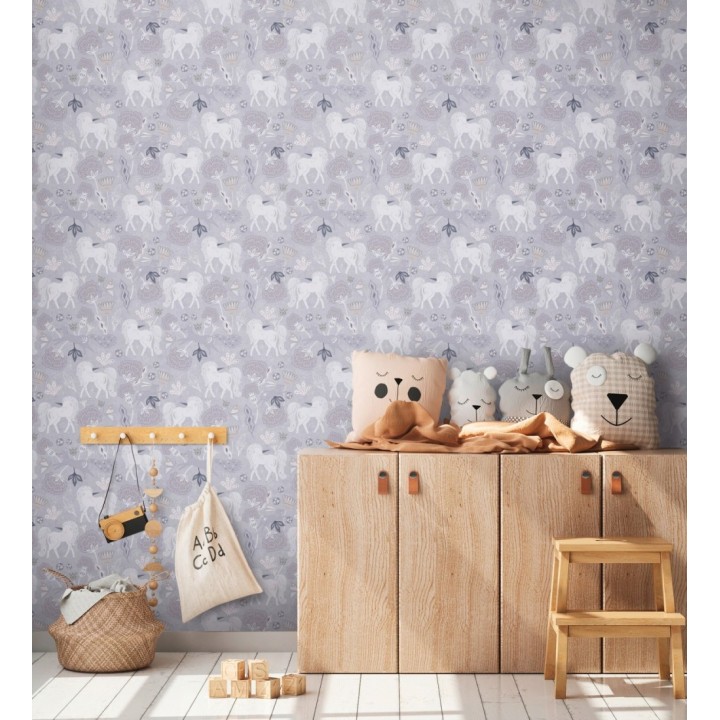 Papel pintado jardín de unicornios y zorros mágicos color gris lavanda - Foxy Magical 684860