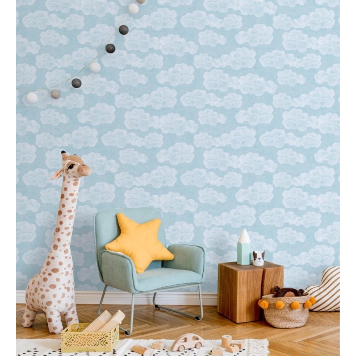 Papel pintado nubes algodón color azul cielo suave para niños y bebe - Sugar Puffy 684867