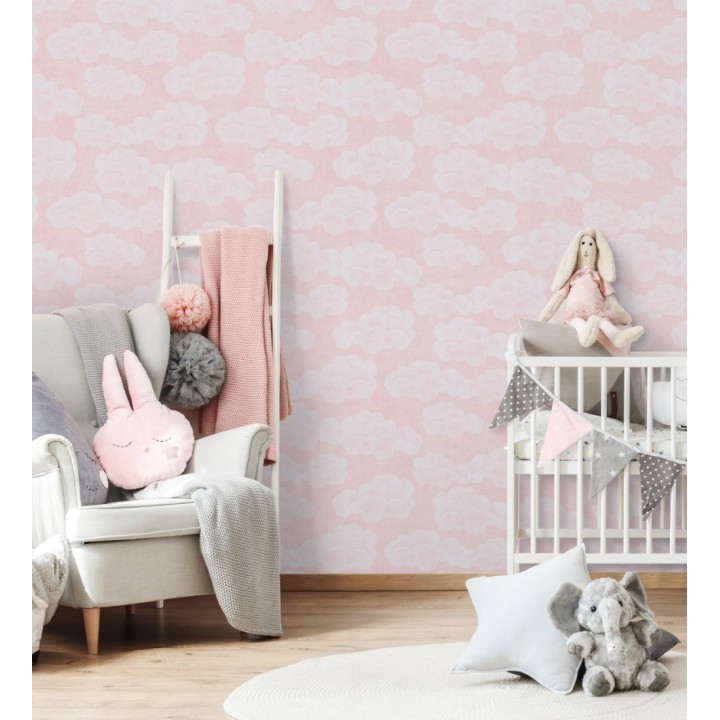 Papel pintado nubes algodón color rosa suave para niños y bebe - Sugar Puffy 684868