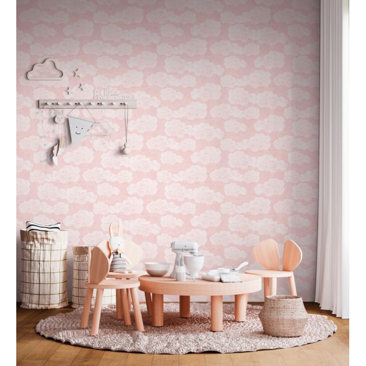 Papel pintado nubes algodón color rosa suave para niños y bebe - Sugar Puffy 684868