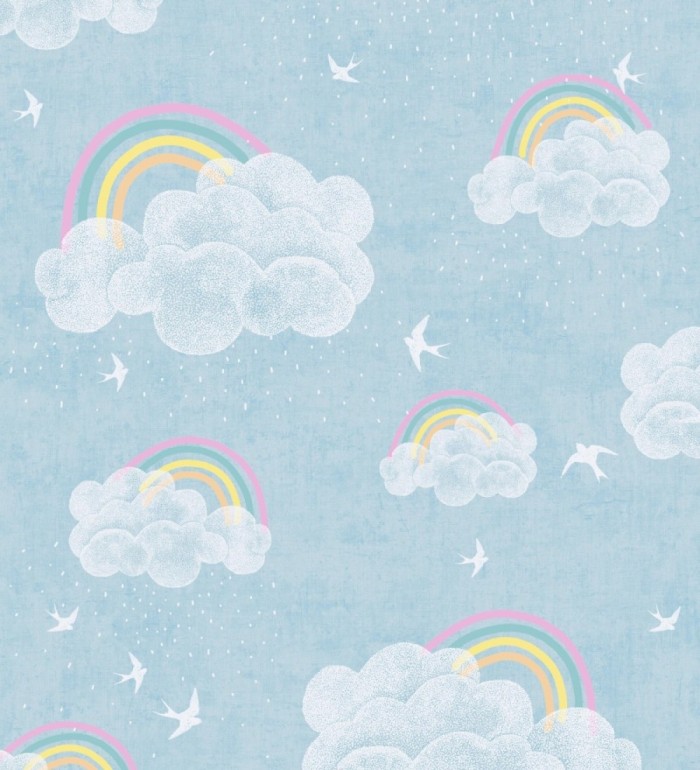 Papel pintado infantil de nubes con arcoíris y pájaros fondo azul - Iris Joy 684870