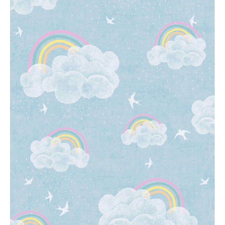 Papel pintado infantil de nubes con arcoíris y pájaros fondo azul - Iris Joy 684870