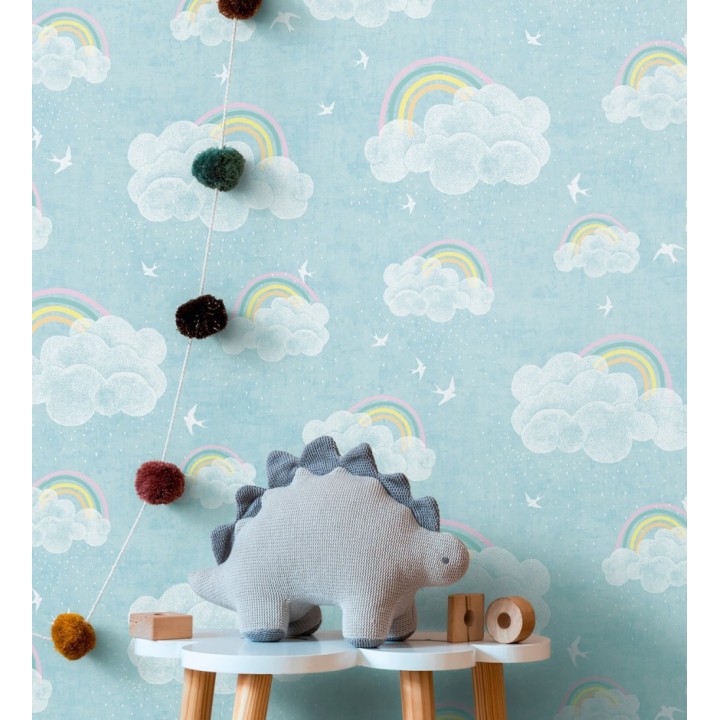 Papel pintado infantil de nubes con arcoíris y pájaros fondo azul - Iris Joy 684870