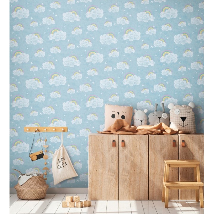 Papel pintado infantil de nubes con arcoíris y pájaros fondo azul - Iris Joy 684870