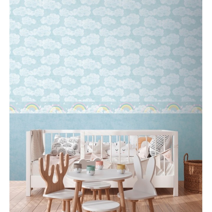 Cenefa de papel pintado nubes con arcoíris y pájaros fondo azul cielo - Iris Joy 684871