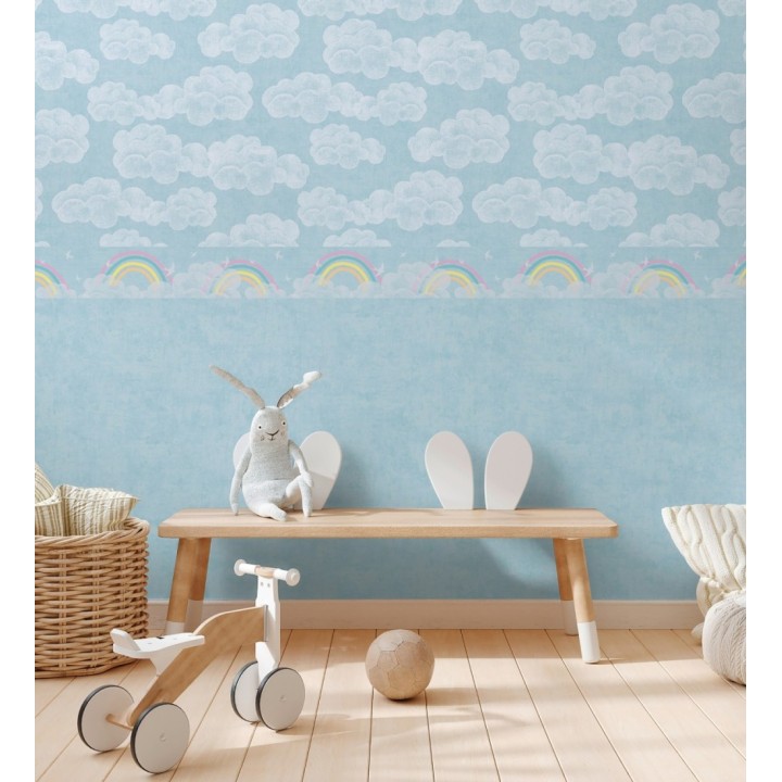 Cenefa de papel pintado nubes con arcoíris y pájaros fondo azul cielo - Iris Joy 684871