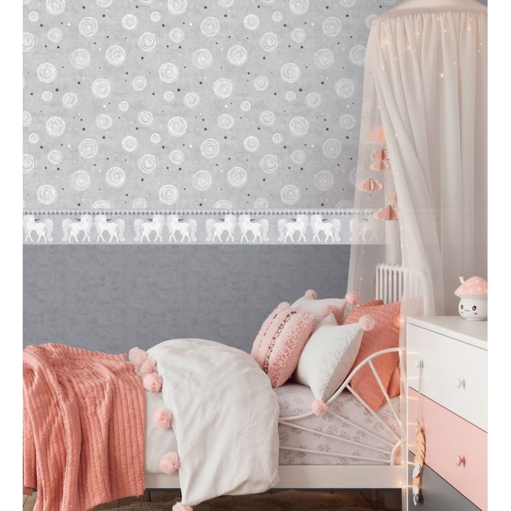 Cenefa de papel pintado de unicornios mágicos color gris lavanda - Foxy Magical 684873