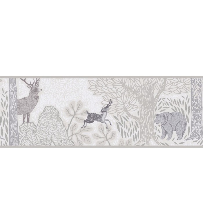 Cenefa de papel pintado bosque con osos y ciervos infantil gris y beige - Bambi Bear 684881