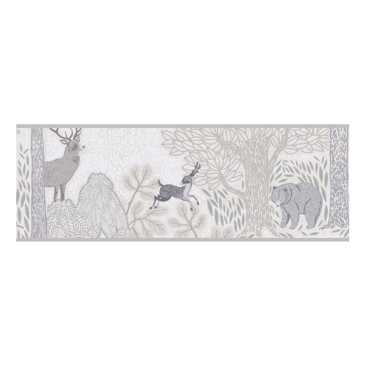 Cenefa de papel pintado bosque con osos y ciervos infantil gris y beige - Bambi Bear 684881