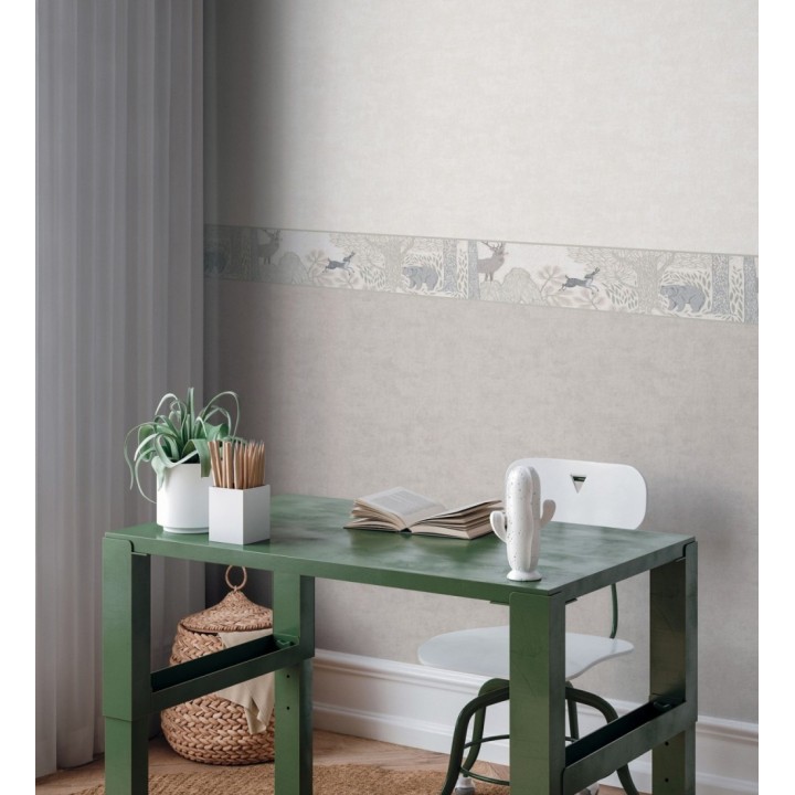 Cenefa de papel pintado bosque con osos y ciervos infantil gris y beige - Bambi Bear 684881