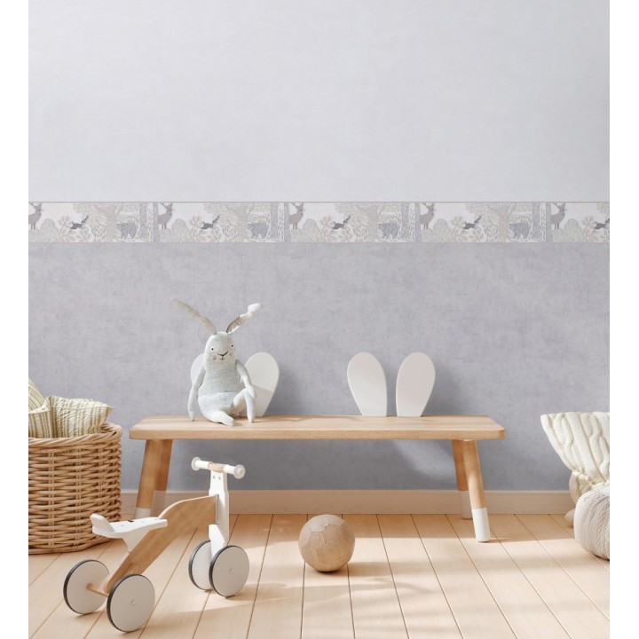 Cenefa de papel pintado bosque con osos y ciervos infantil gris y beige - Bambi Bear 684881