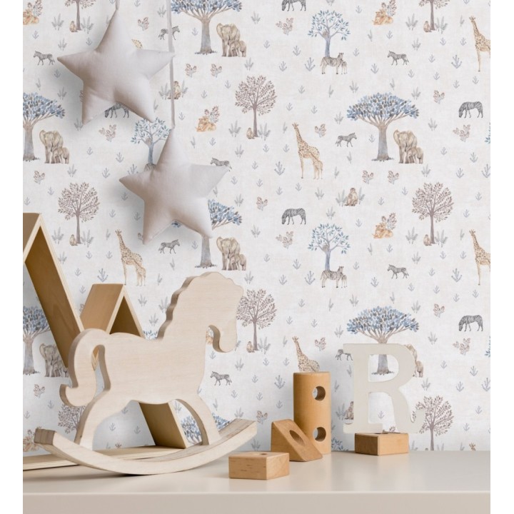Papel pintado de árboles jirafas monos cebras y elefantes infantil - Safari Dreamy 684882