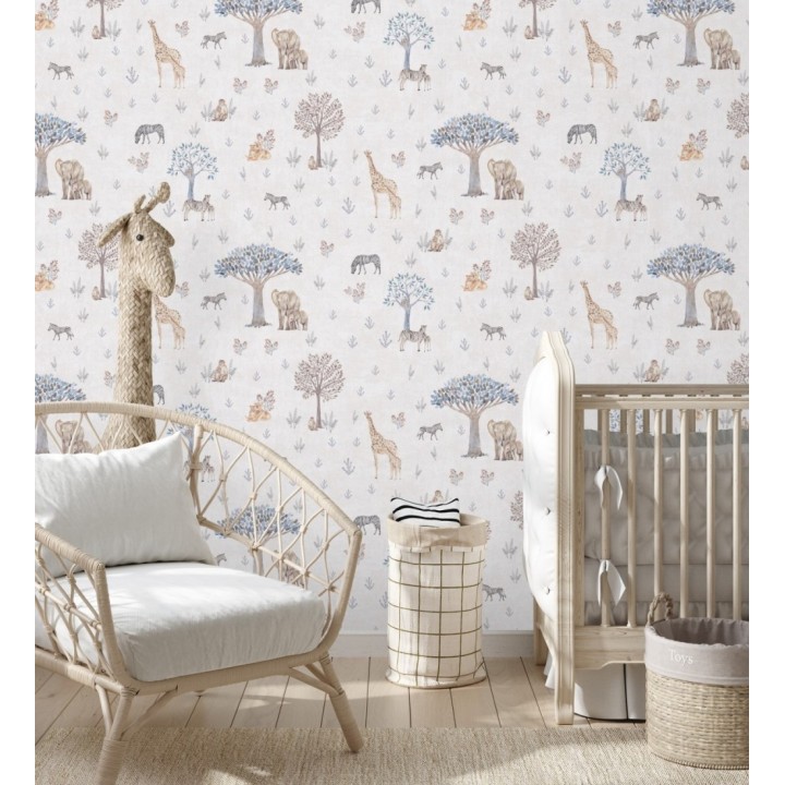 Papel pintado de árboles jirafas monos cebras y elefantes infantil - Safari Dreamy 684882