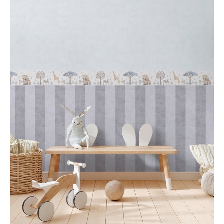 Cenefa de papel pintado con árboles jirafas cebras y elefantes infantil - Safari Dreamy 684883