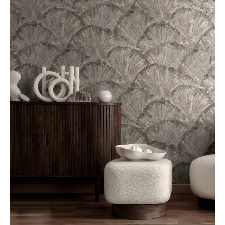 Papel pintado abanicos al óleo texturizado tonos piedra - Bellagio Gilded 684884