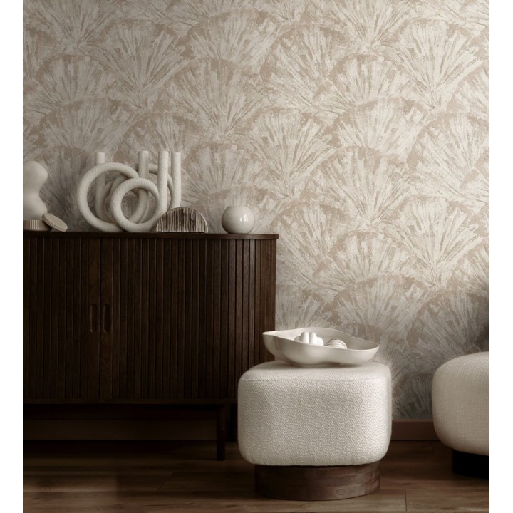 Papel pintado abanicos al óleo texturizado tonos arena - Bellagio Gilded 684885